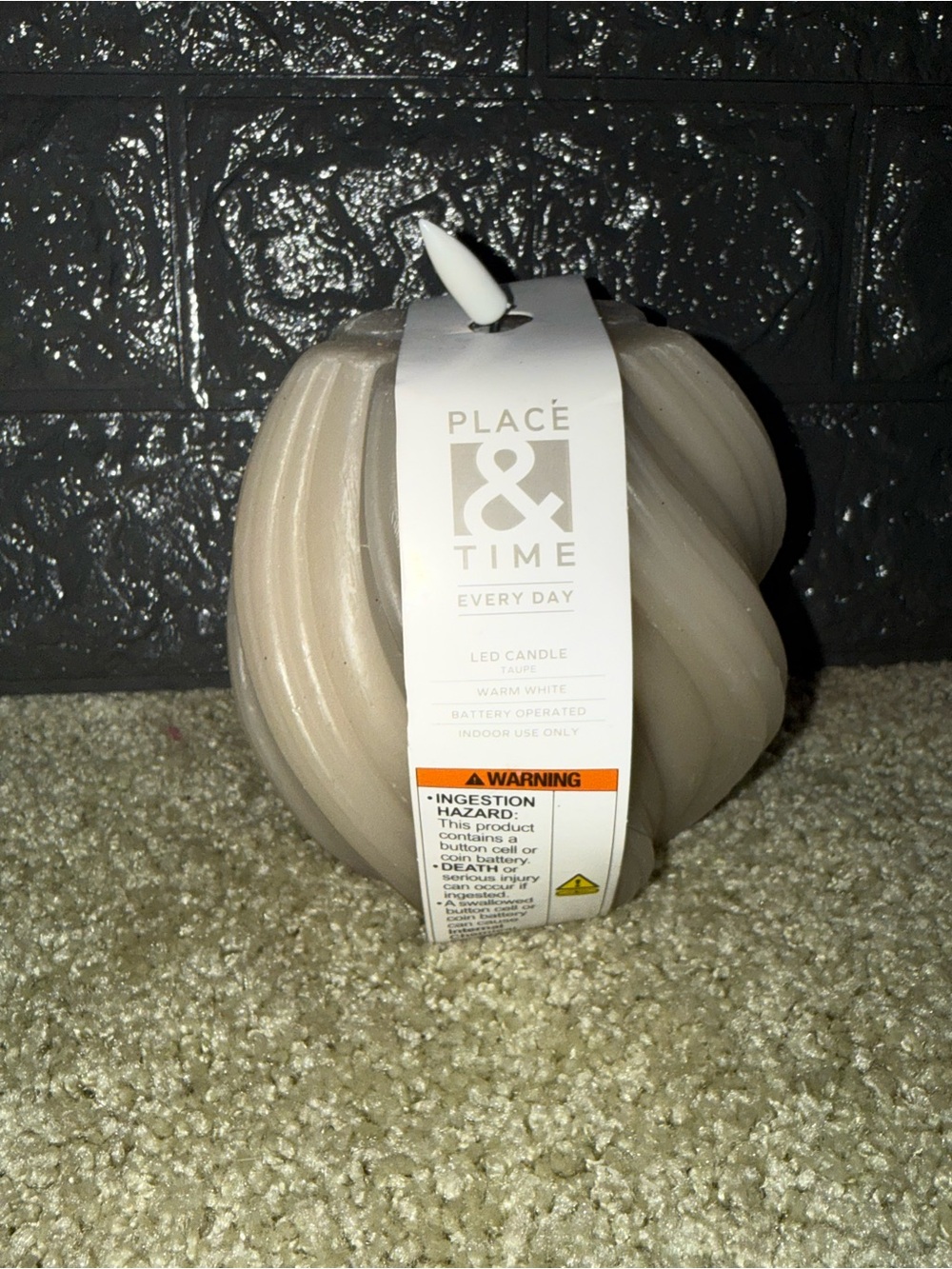 Place & Time gray LED candle round twisted body AA battery operated New